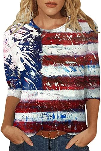 4 de julho Camisas para mulheres American Flag Summer 3/4 Sleeve Crew Neck Tees