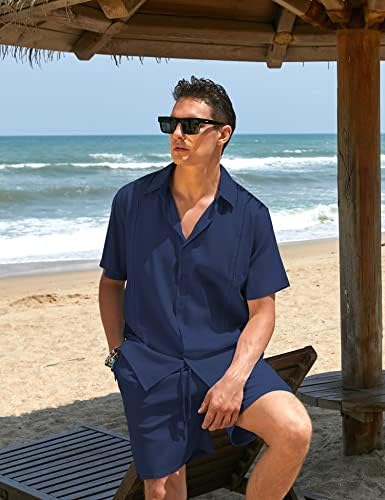 Coofandy Men 2 Peça Linen Set Beach Guayabera Roupet Button Down Cirling and Short