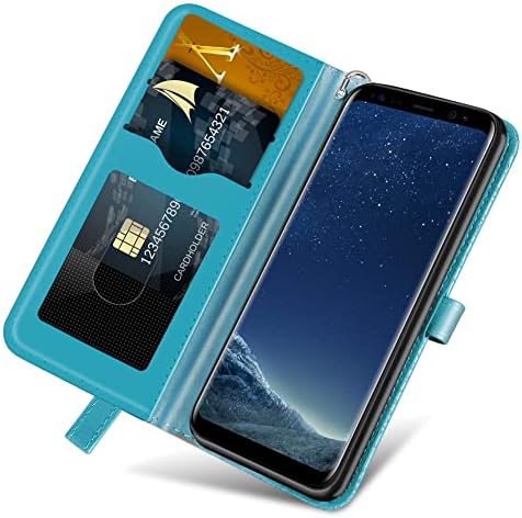 Bichong Compatível com Samsung Galaxy S8 Case Women Women Leather Folio Flip com pulso Strap Kickstand Magnetic Shopfrof com suporte de proteção contra o cartão de proteção para Samsung Galaxy S8 Life Tree Blue Blue Blue Azul