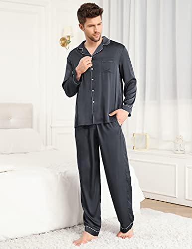 Ekouaer Mens cetim pijamas define botão de botão de manga curta/longa top top de seda de seda sono