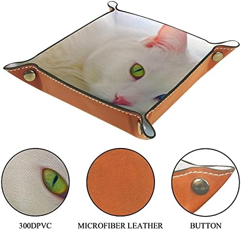 Bandeja de manobrista de couro, bandeja de dados suporte quadrado dobrável, placa organizadora de cômoda para trocar a chave de moeda, animal de gato branco