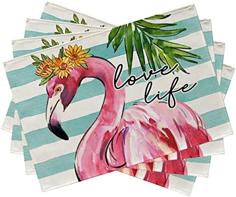 Seliem Summer Love Life Life Flamingo Placemats Conjunto de 4, pássaros rosa Grachão de girassol listras na mesa de jantar tapetes, tapetes, palmeiras tropicais decoração de cozinha sazonal decoração de 12 x 18 polegadas