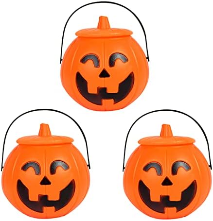 Presente_source 3 peças Halloween Pumpkin Candy Bucket com tampa, balde de abóbora de plástico portátil com alça