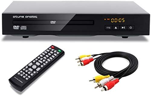 Atune Analog DVD Player, todos os jogadores de disco de DVD de CD gratuitos da região, com sistema NTSC/PAL, saídas AV/Coaxial, design compacto, com cabos RCA e controle remoto se aplicam à TV doméstica, preto