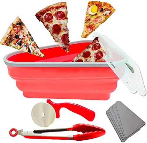 Contêiner de armazenamento de pizza, panela de pizza expansível com clipe de silicone e cortador de pizza e cinco bandejas para microondas, presente do dia das mães