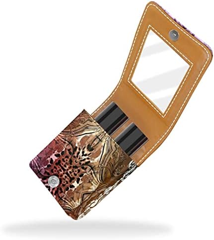 Mini maquiagem de Oryuekan com espelho, bolsa de embreagem Leatherette Lipstick Case, impressão de leopardo de flor de padrão
