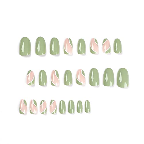 Pressione acrílico em unhas unhas de amêndoa média unhas falsas verdes pregos falsos com designs suprimentos de manicure do