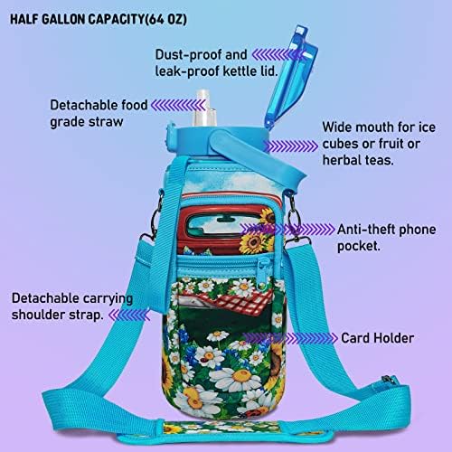 64 oz garrafa de água fofa com manga BPA de meio jarro de água semi -galão com palha e marcador de tempo, ginástica