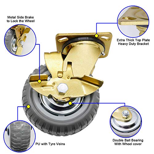 Castro giratório de 6 de 6 Goldes giratórios com freio lateral de metal, roda de PU de placa superior com placa