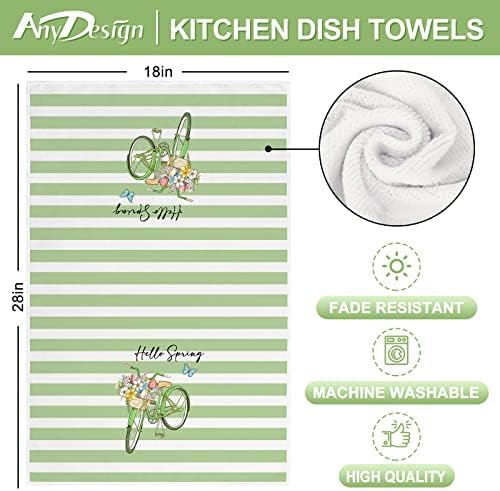AnyDesign Spring Kitchen Toalha Toalha de aquarela Gnome Flor Bicicleta Caminhão de prato verde Buffalo Plaids Stripes Hand