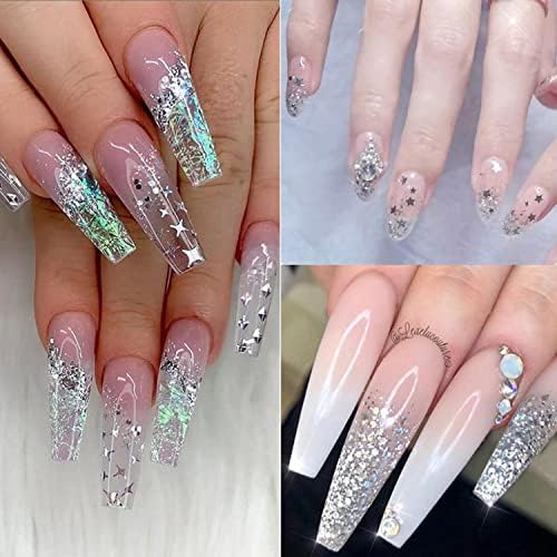 Laser Silver Glitter Unh Nail Art Flakes, holográfico 3D brilha decorações de lantejoulas, Love Heart Circle Letters Butterfly Nail Art Supplies For Women Girls Manicure