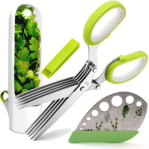 Tesoura de ervas com 5 lâminas e capa - 2023 Atualizada afiada de ervas de aço inoxidável com várias lâminas para cozinha; Kale e Herb Stripper com Herb Savor Savor Fringe Scissors by Homecredibles