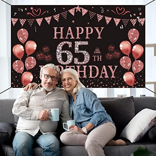 TRGOWAUL 65º aniversário decorações para mulheres de 65 anos de idade rosa de ouro rosa banner 5,9 x 3,6 fts Party Birthday Birthday supila suprimentos fotográficos Antecedentes Feliz 65º aniversário decoração