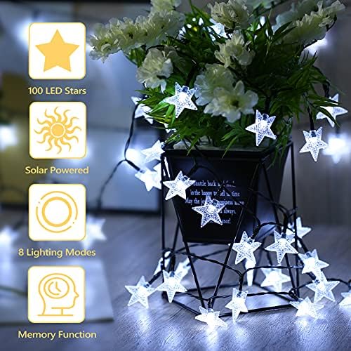 Luzes de cordas solares de estrela Brizled, 33 pés 100 LUZES solares LED ao ar livre, 8 modos Solar à prova d'água Fairy Fairy Light Twinkle Light com memória para varanda Party Patio Garden Yard & Home Decor, White Cool White