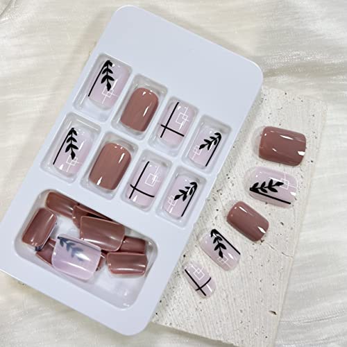 Pressione quadrada em unhas francesas curtas unhas falsas folhas e linhas desenhos de acrílico cola de capa completa nas unhas marrons rosa falsas unhas com desenhos unhas de acrílico brilhante para mulheres