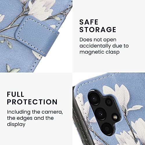 Caixa da carteira Kwmobile Compatível com Samsung Galaxy A13 4G - Capa de couro Faux - Magnolias taupe/branco/azul cinza