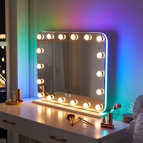 Espelho de vaidade de Luxfurni com luzes, espelho de maquiagem com RGB Alteração de cor LED iluminada para o quarto, espelho de mesa de hollywood com 18 lâmpadas diminuídas, modo de cor, controle de toque