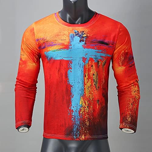 Camisetas de manga longa do soldado masculino de Beuu, pintura a óleo vintage fé Jesus cross print tshirt músculo slim tampa