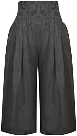 calça de perna larga de lcepcy crop mulheres de cintura alta calça plissada calça calça de cor sólida calça de verão leve com bolsos