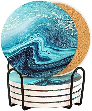 Coasters para bebidas, montanha-russa de cerâmica absorvente com suporte de metal, montanhas-russas com base de cortiça, presentes de inauguração de casa para decoração de casa, 4 polegadas, conjunto de mármore azul de 6 luzes