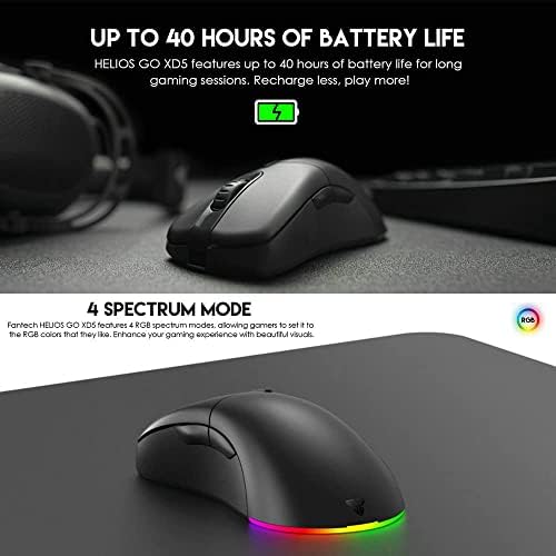 FANTECH HELIOS GO XD5 MOUS DE PROGRAMAÇÕES RGB sem fio, 19k DPI 6 Botões programáveis ​​40 hr Battery Lifety 72g Ultra-Lightwightweight,