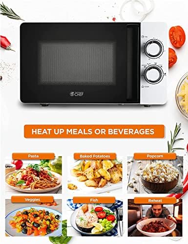 Chef comercial pequeno microondas 0,7 cu. Ft. Microondas de bancada com controle mecânico, microondas brancas com 6 níveis de potência, excelente microondas portátil com alça de tração conveniente