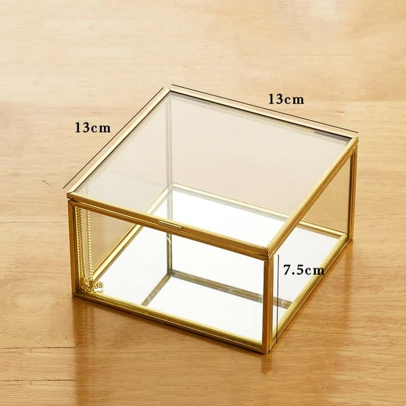 Lsdjgdde Gold Edge Jóias quadradas de vidro Jóias Desktop Jóias Caixa de armazenamento Decoração Display Stand Primeira caixa