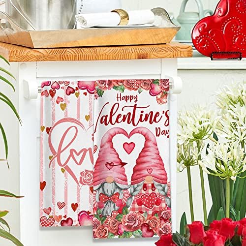 Toalhas de cozinha do Dia dos Namorados, Toalhas de Namorados Conjunto de 2, Gnomos Love Hearts Roses Feliz Dia dos Namorados Hand Toalhas de Tea para Banheiro Decorações de Presentes de Desegonação de Casa para Casa