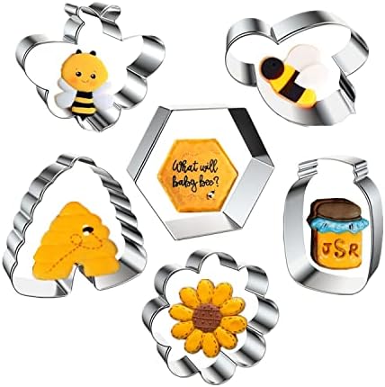 Cutters de biscoitos de abelha de 6 PCs, abelha, colméia, jarra de mel, flor, favo de mel fofo de aço inoxidável Biscoit Cutters Moldes, formas temáticas de abelhas para decoração de festa