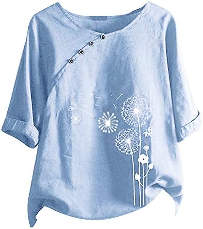 Camisas florais de linho de algodão feminino camisetas de dente-de-leão de leite de leão de mangas curtas de mangas curtas de camiseta casual blusa