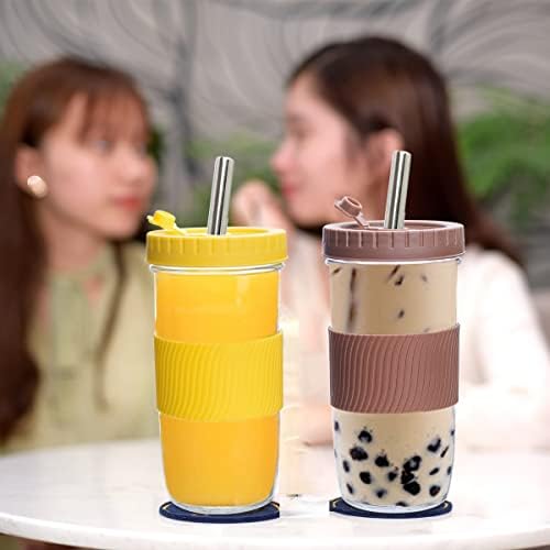 Copo e tampas e palha de vidro elegante, copo de smoothie de café gelado reutilizável, jarra de pedreiro largo com tampa