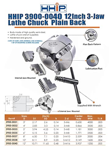 HHIP 3900-0046 12 polegadas de 4-JAW Chuck, liso de costas