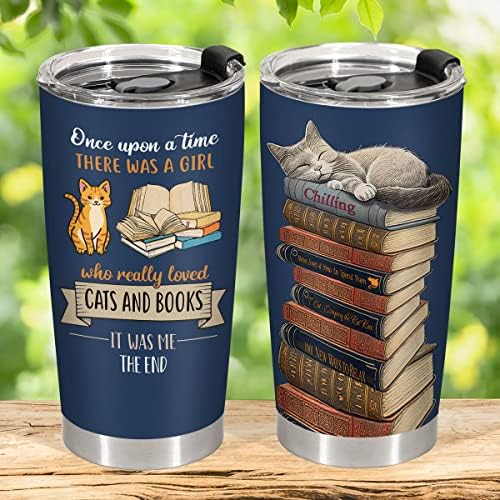 Presentes de 34hd para mulheres, gatos e livros copo de copo com tampa 20 onças, caneca de gato café, presentes para gatos para amantes de gatos, presentes de amantes de livros