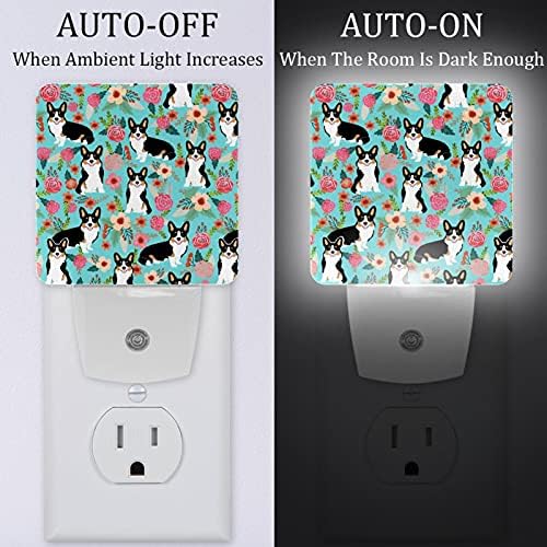 2 plug-in plug-in led noturno lâmpada de luz adorável corgi & flores, anoitecer automático para o amanhecer, luz