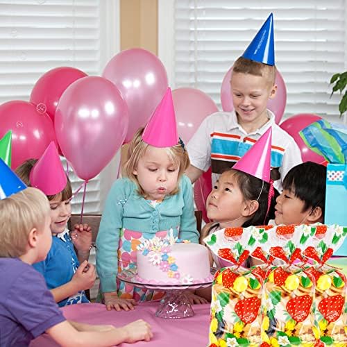 Bolsas de celofane de morango de 100pcs sacos de guloseimas vermelhas para chá de bebê com 100 peças laços de torção