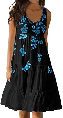 Vestidos de verão femininos Scoope sem mangas pescoço A-line Dresco de tanque de tanque casual vestido midi praia vestido