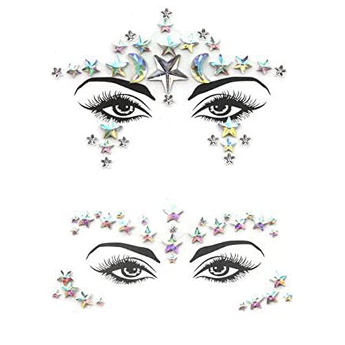 Nirbffo 3d Sexy rosto adesivos de rosto decoração estrela lua glitter strass de tatuagem falsa strass para mulher partido rosto jóias adesivo de 2pieces