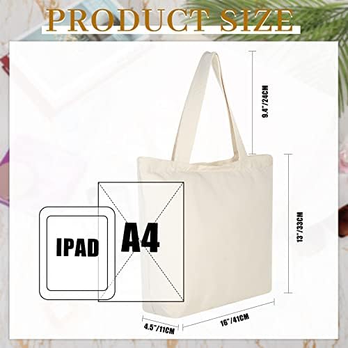 Epakh 8 Pack Canvas Tote com zíper 16,5 x 13 x 4 polegadas Bolsa de supermercado reutilizável, comprador dobrável, bolsa de praia lavável, bolsa de ombro escolar para mulheres mães e noivas