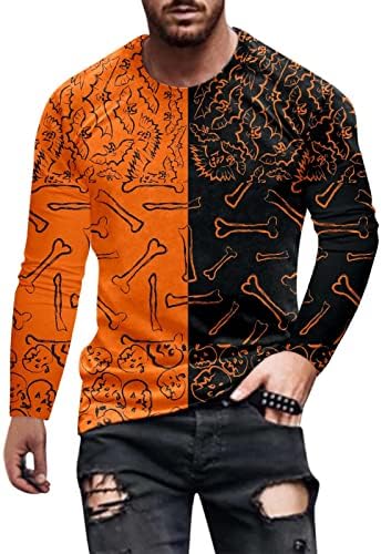 ZDDO Halloween Mens Soldier T-shirts de manga longa, Função gráfica de pinça gráfica Pumpkin Princied Sports Athletics Tee Tops