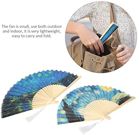 Fã dobrável, 2pcs Bamboo Handheld Fãs, Decoração de dança de festa manual Decoração de Starry Night, estilo japonês chinês, para casamento, dança, festa, decoração em casa, fã dobrável, 2pcs Bamboo Handheld Fan