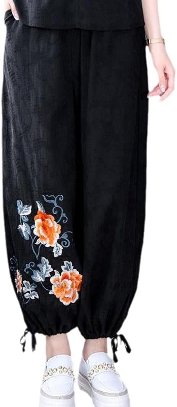 Mulheres de estilo chinês Pontas de flores nacionais de linho de algodão linho étnico de fenda larga hanfu calça calçados