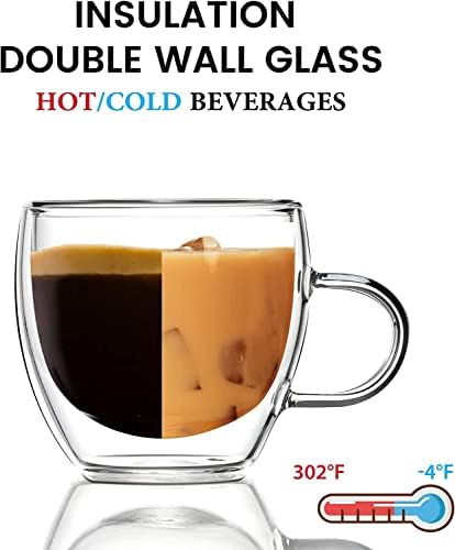 Canecas de café de vidro transparente 8 oz, canecas de café com isolamento de parede dupla conjunta com alça de 4 pacotes