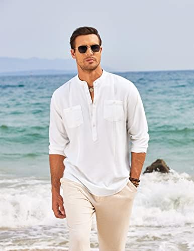 Coofandy Men's Linen Henley camisa de manga longa casual hippie algodão praia tamis de praia