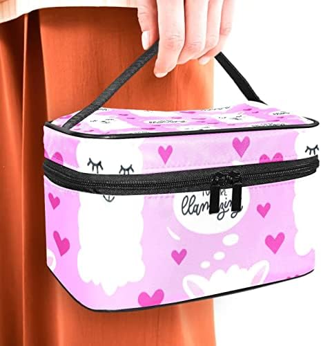 Organizador de bolsa de maquiagem de viagem Yoyoamoy, bolsa de armazenamento de higiene pessoal à prova d'água com alça, bolsa de maquiagem grande para meninas adolescentes, garotas, desenhos de cabeça de lhama fofos