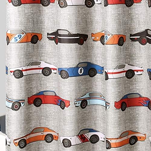 Cortina de chuveiro de carros de corrida de decoração exuberante - design de impressão de corrida de tecido para crianças, 72 ”x 72”, azul e laranja