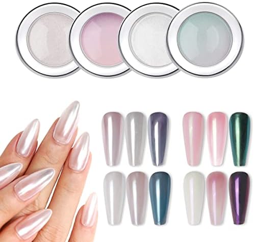 Pretada Pó de unha cromada branca e branca - 4 cores Pearl Moonlight Chrome Unh Nail Powder, Aurora branca Iridescente Powders Mica Powder Manicure Pigmment, Pigmento Metálico Destaque Mirror Powder para unhas de rosquinhas envidraçadas