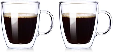 12 onças grandes canecas de café com alça, canecas de café expresso de vidro isoladas de parede dupla com alça, café quente ou frio, café com leite, cappuccino, chá, suco, copo de bebida