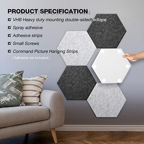 Drydiet 18 peças painéis acústicos hexagonais Sentiram o retardador de chamas de borda chanfrada, de 14 x 12 x 0,4 polegadas de alta densidade de densidade para estúdio em casa, cinza claro, branco, cinza escuro, escuro, cinza escuro