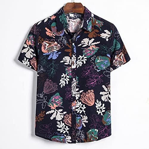 Camisa Havaiana de Znne para homens, algodão e linho V camisas de pescoço casual impressão floral solta botão de manga curta acima