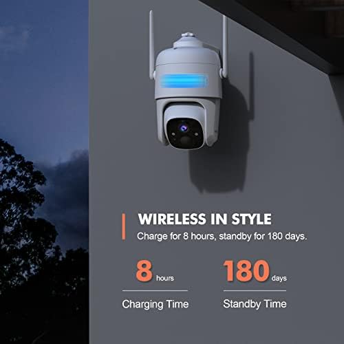 Dzees 2K Câmeras de segurança Wi-Fi sem fio, Sirene Alarm Spotlight Câmera externa Câmera sem fio Bateria, câmera 360 ° PTZ, detecção de movimento da AI, conversa de duas vias, visão noturna em cores, IP66, nuvem/sd